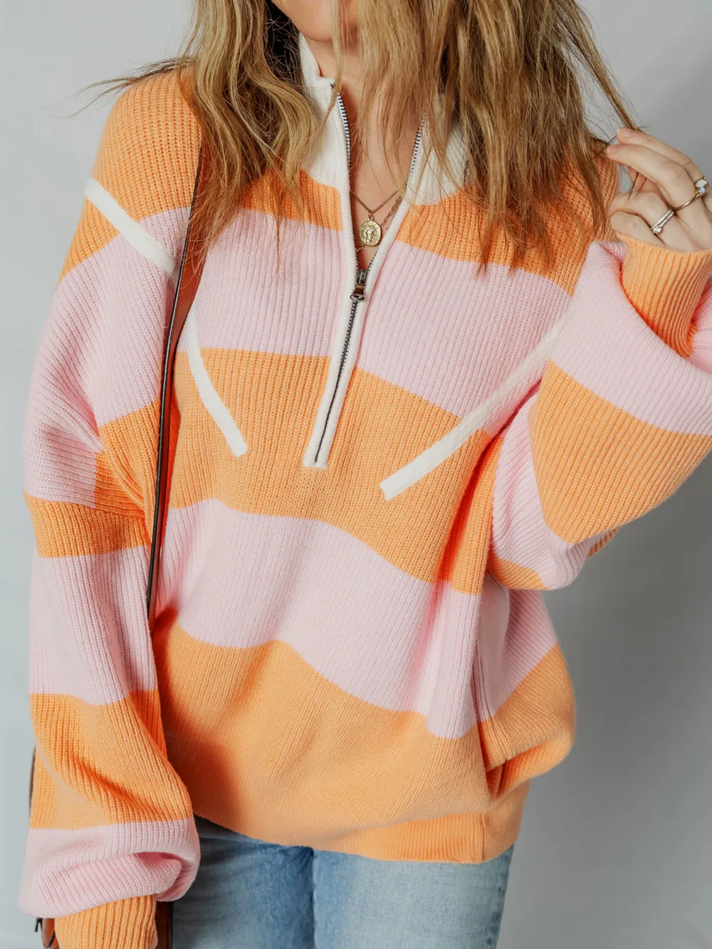 Stripe Color Block Half Zip Oversize Sweater, image 4