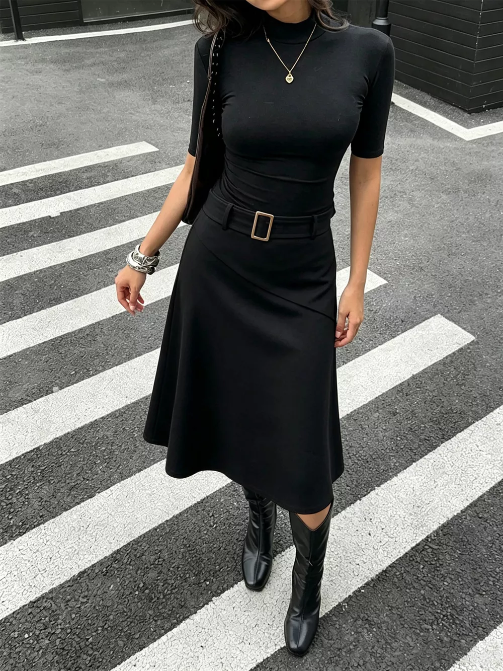 High-Waisted A-Line Midi Skirt with Belted Detail, image 5