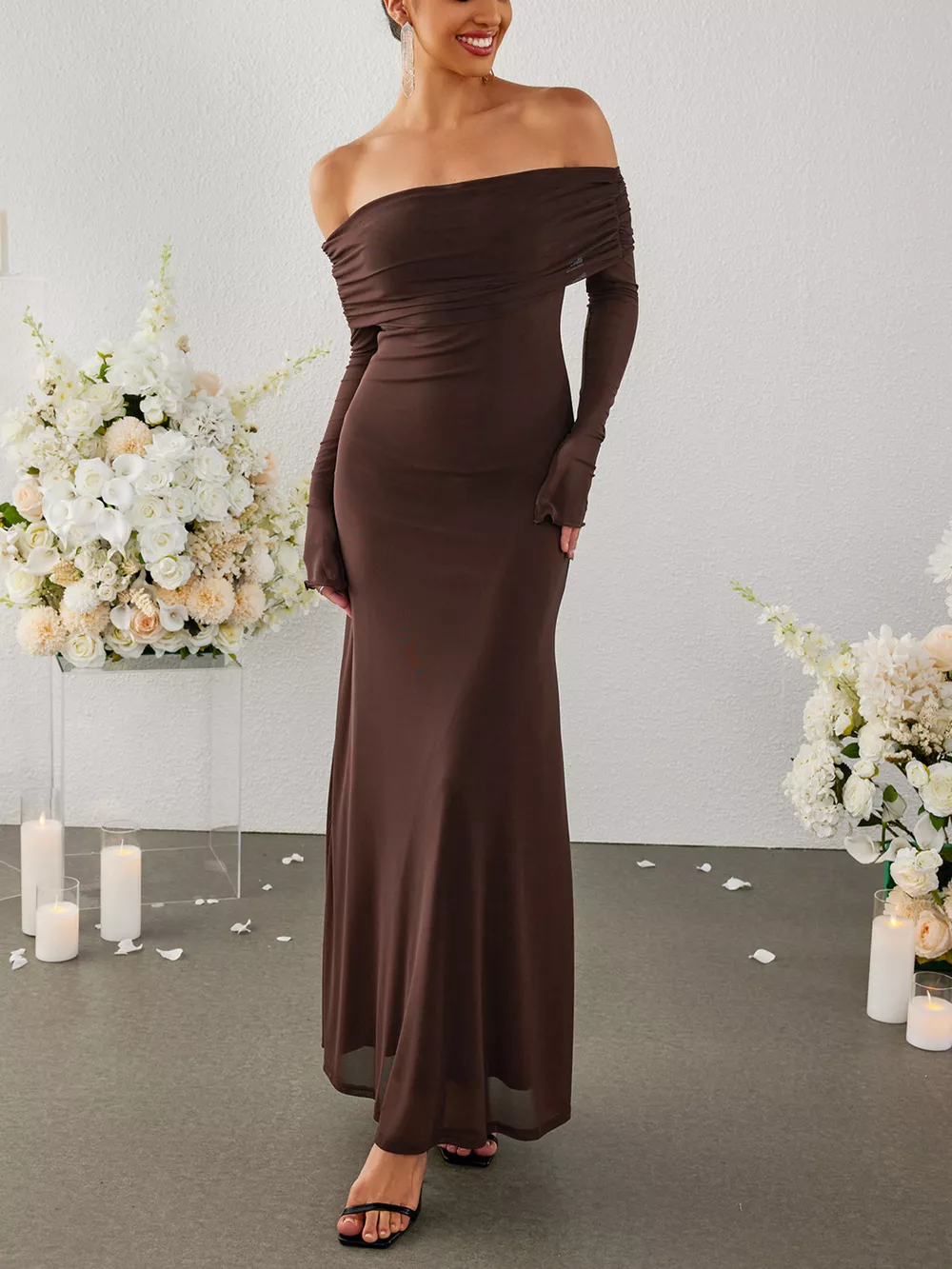 Off-Shoulder Ruched Long Sleeve Maxi Dress, image 22