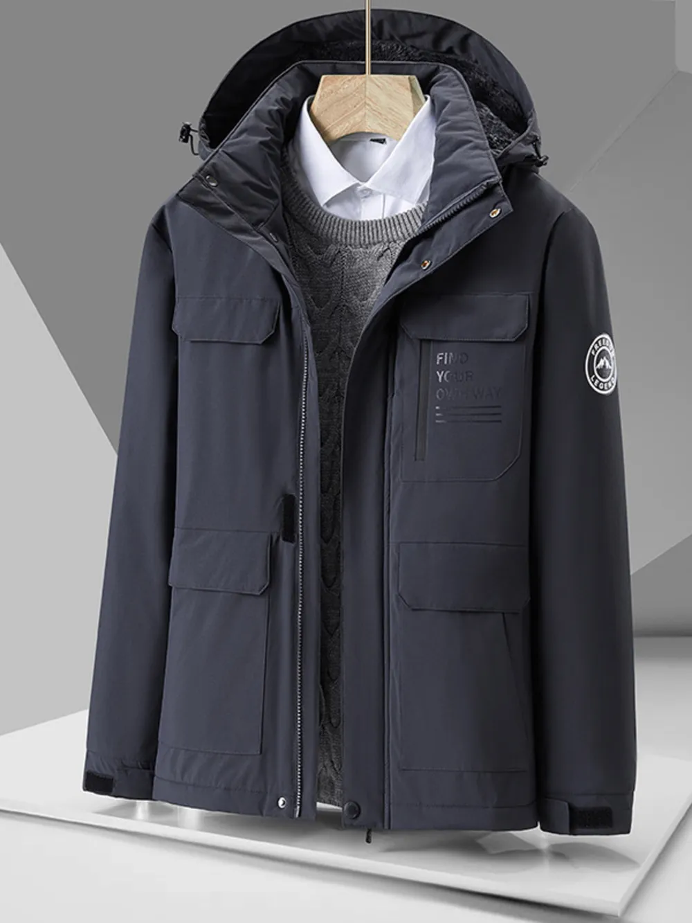 Men's Plus Size Hooded Zip Up Winter Jacket, image 4