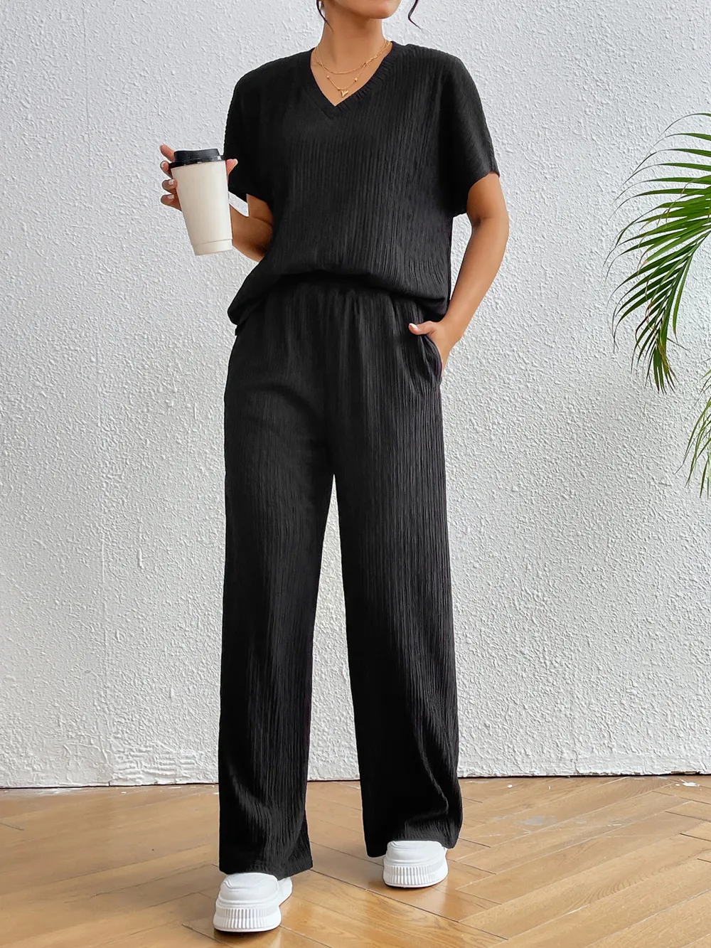 V-Neck Short Sleeve Top and Pants Set, image 2