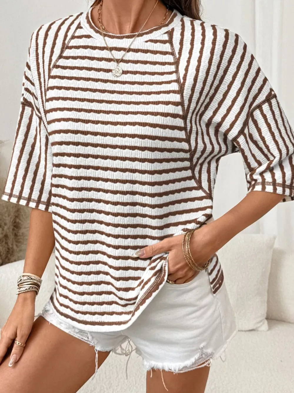 Casual Striped Raglan Sleeve Textured T-Shirt, image 16
