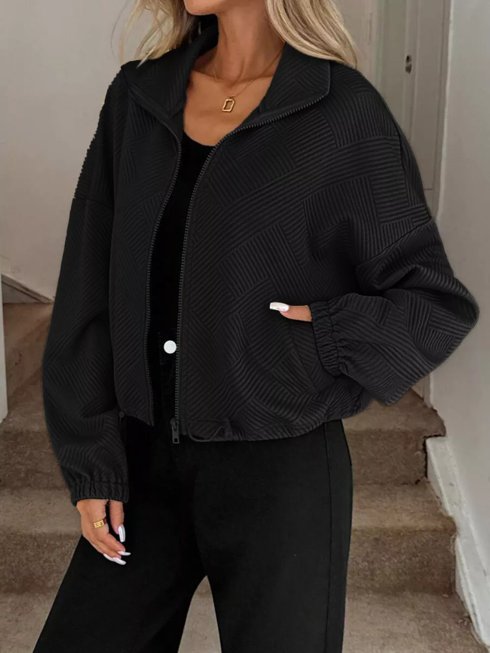 Drawstring Hem Textured Long Sleeve Jacket, image 6