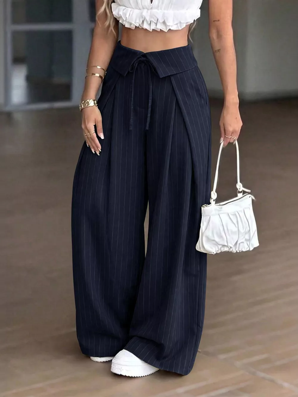 High-Waisted Wide-Leg Pinstripe Pants, image 6