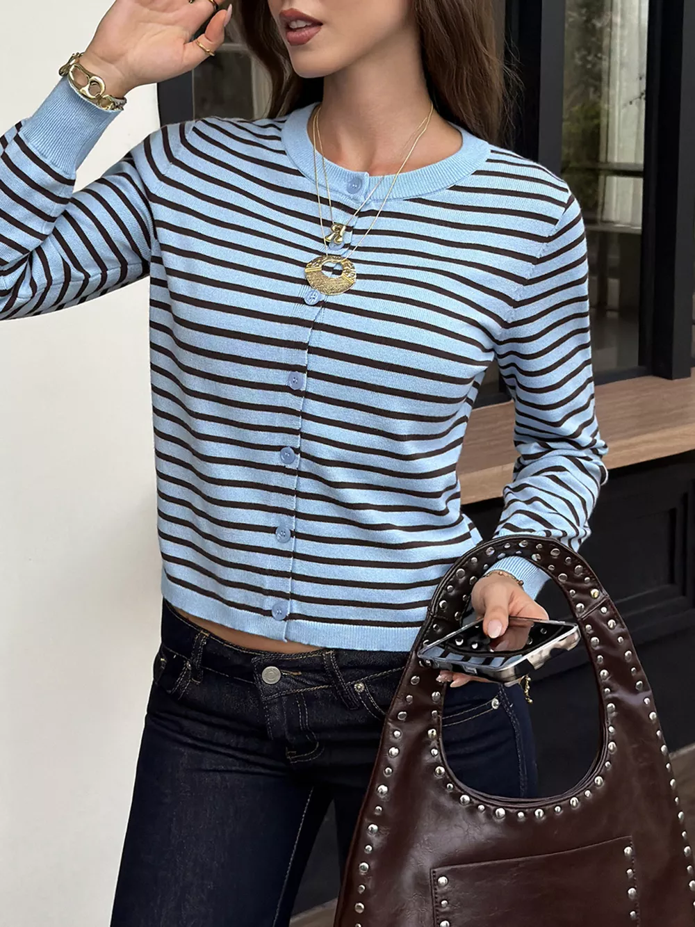 Striped Crew Neck Button-Down Cardigan, image 3