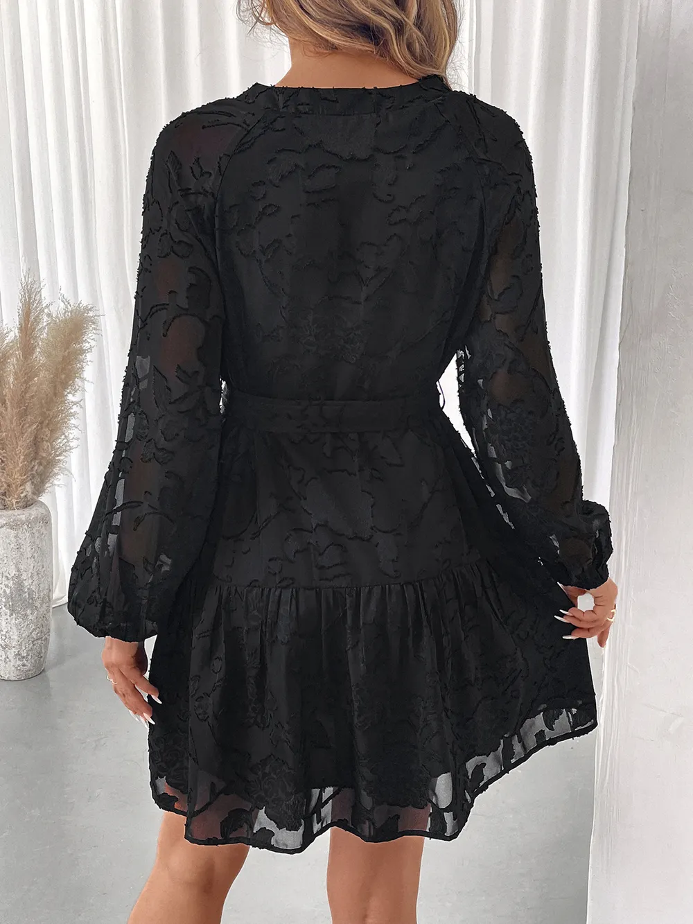 Button-Front Balloon Sleeve Mini Dress, image 4