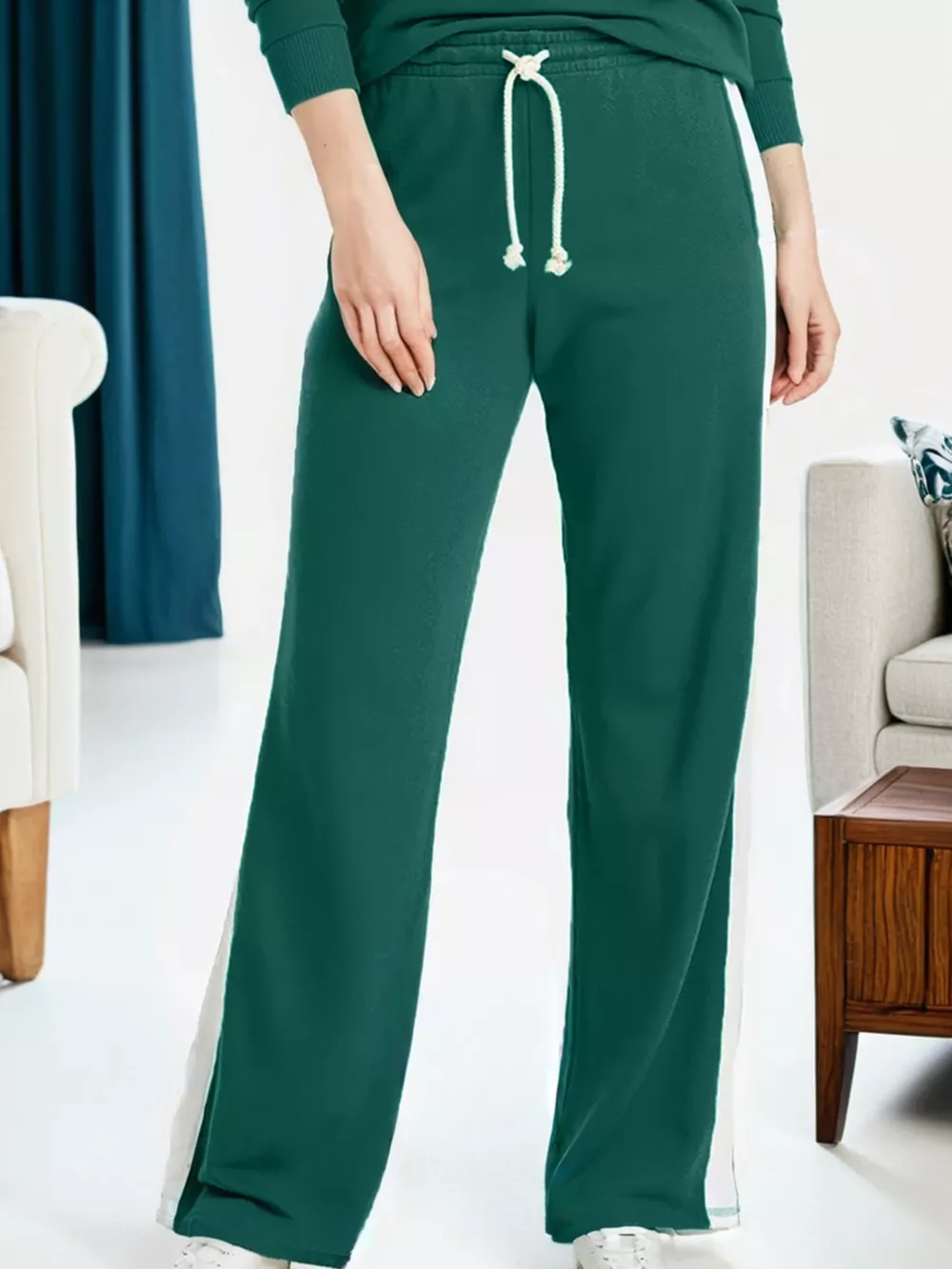 Round Neck Top and Stripe Detail Drawstring Pants Set, image 3