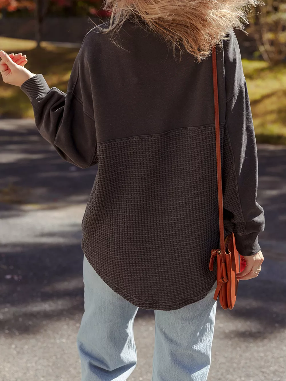 Waffle Knit Patchwork Half Zipped Casual Sweatshirt, image 4