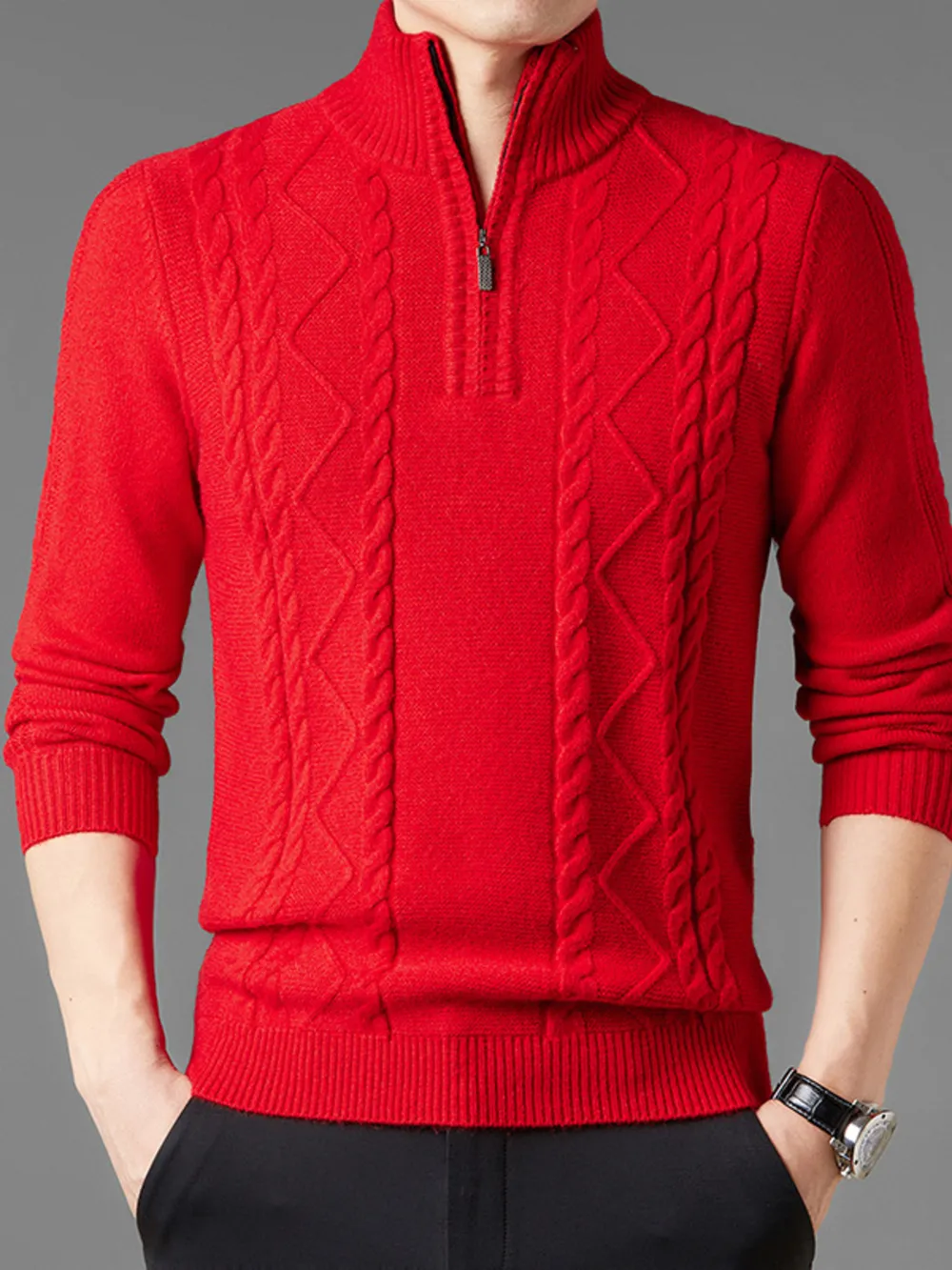 Men's Plus Size Cable Knit Quarter-Zip Sweater, image 4
