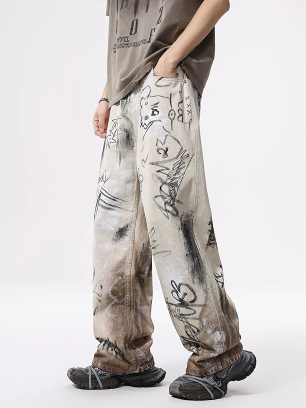 Men's Graffiti Print Wide Leg Jeans, image 2