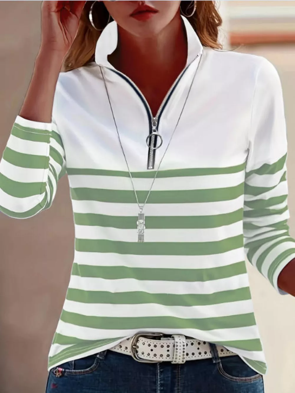 Quarter-Zip Striped Long Sleeve T-Shirt, image 4