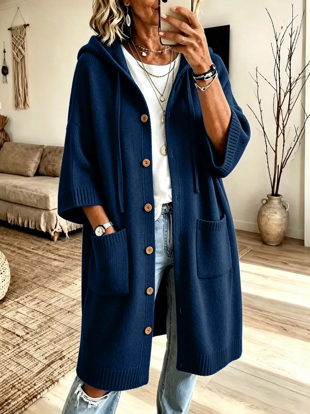 Hooded Button-Down Knit Cardigan with Pockets, image 12