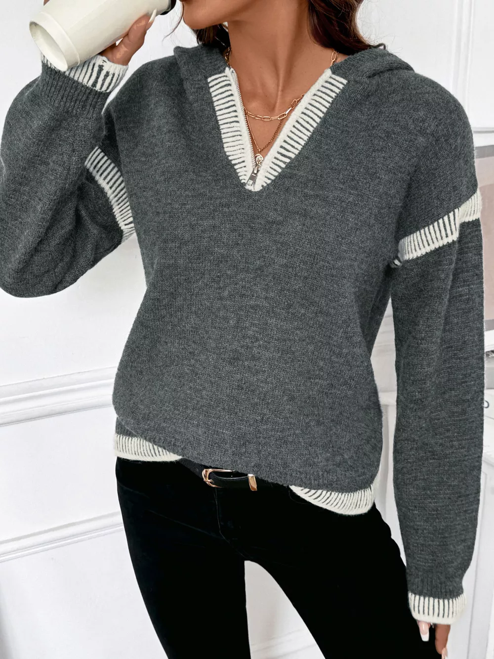 Contrast Trim Quarter Zip Hooded Sweater, image 2