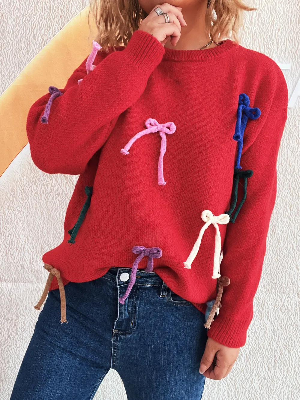 Colorful Bow Round Neck Sweater, image 13