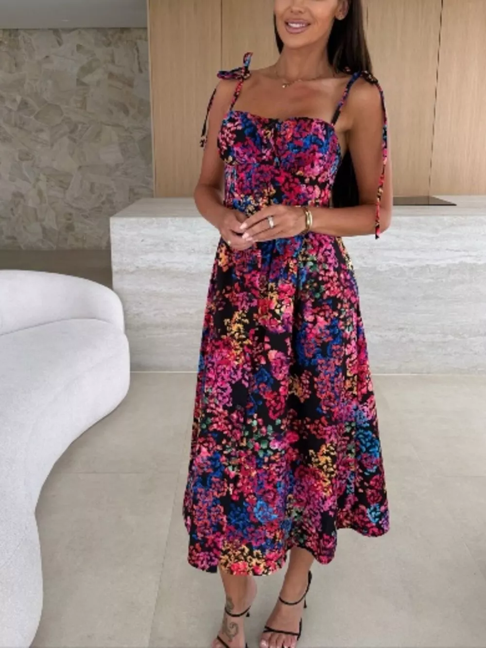 Printed Tie-Strap Midi Dress, image 3