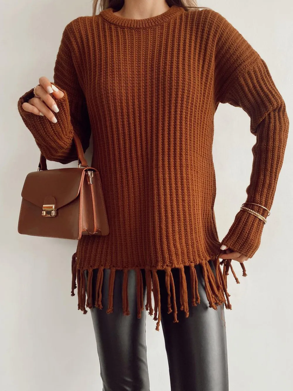 Fringe Round Neck Long Sleeve Sweater, image 5