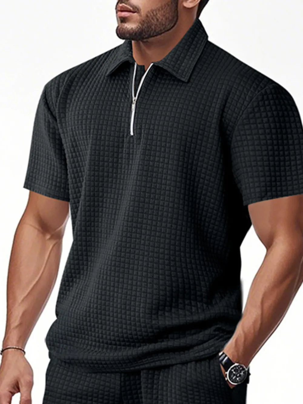 Men's Full Size Waffle Short Sleeve Polo with Zipper Detail Plus Size, image 20