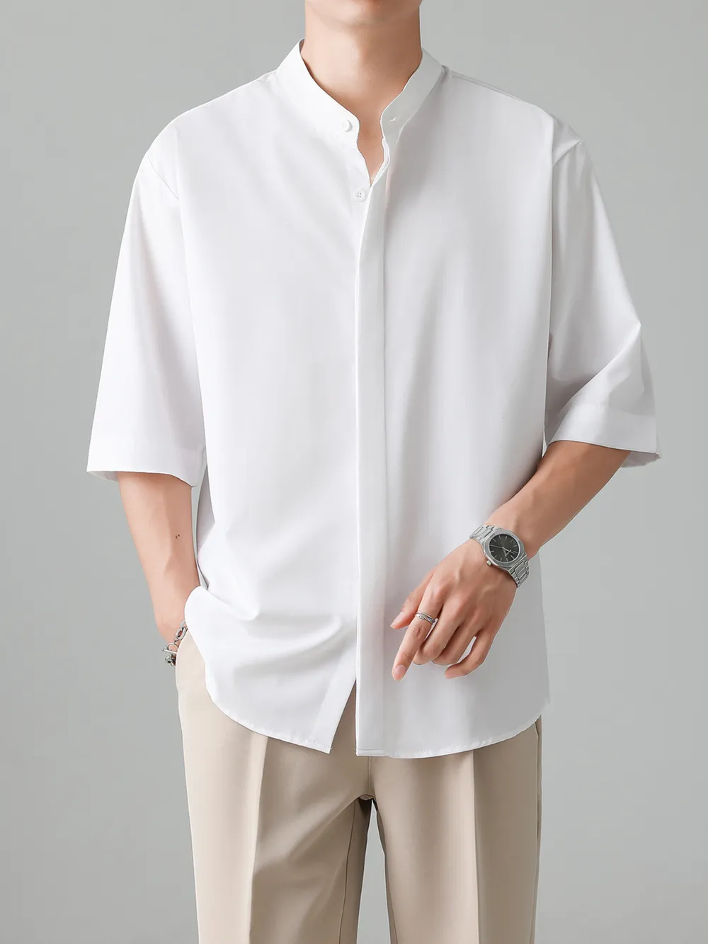 Men's Full Size Casual Mandarin Collar Half Sleeve Shirt Plus Size, image 2