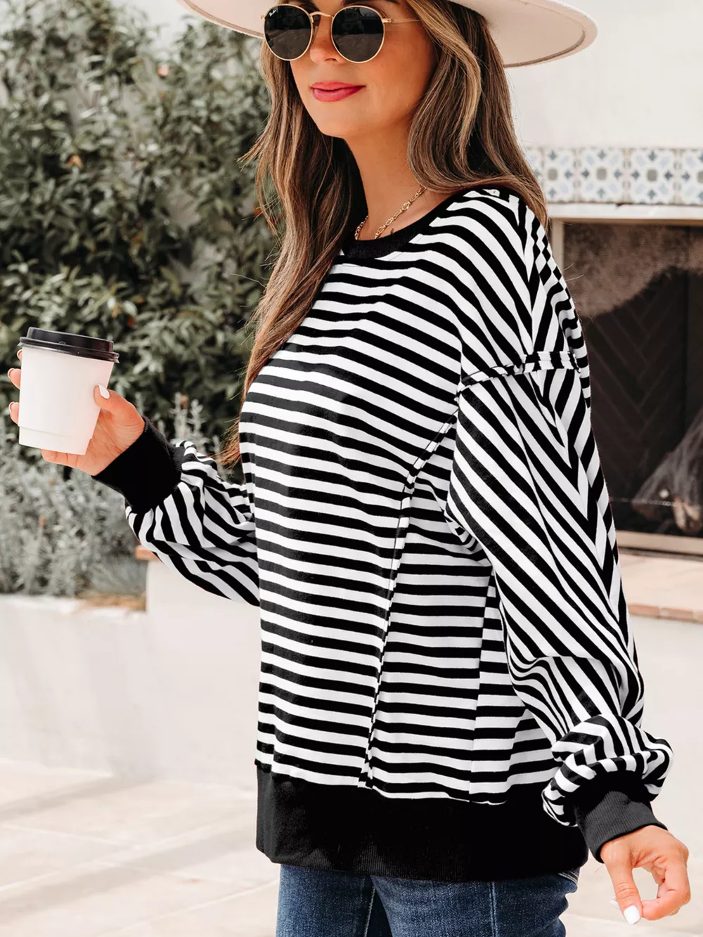 Stripe Exposed Seam Drop Shoulder Casual Pullover Top, image 4