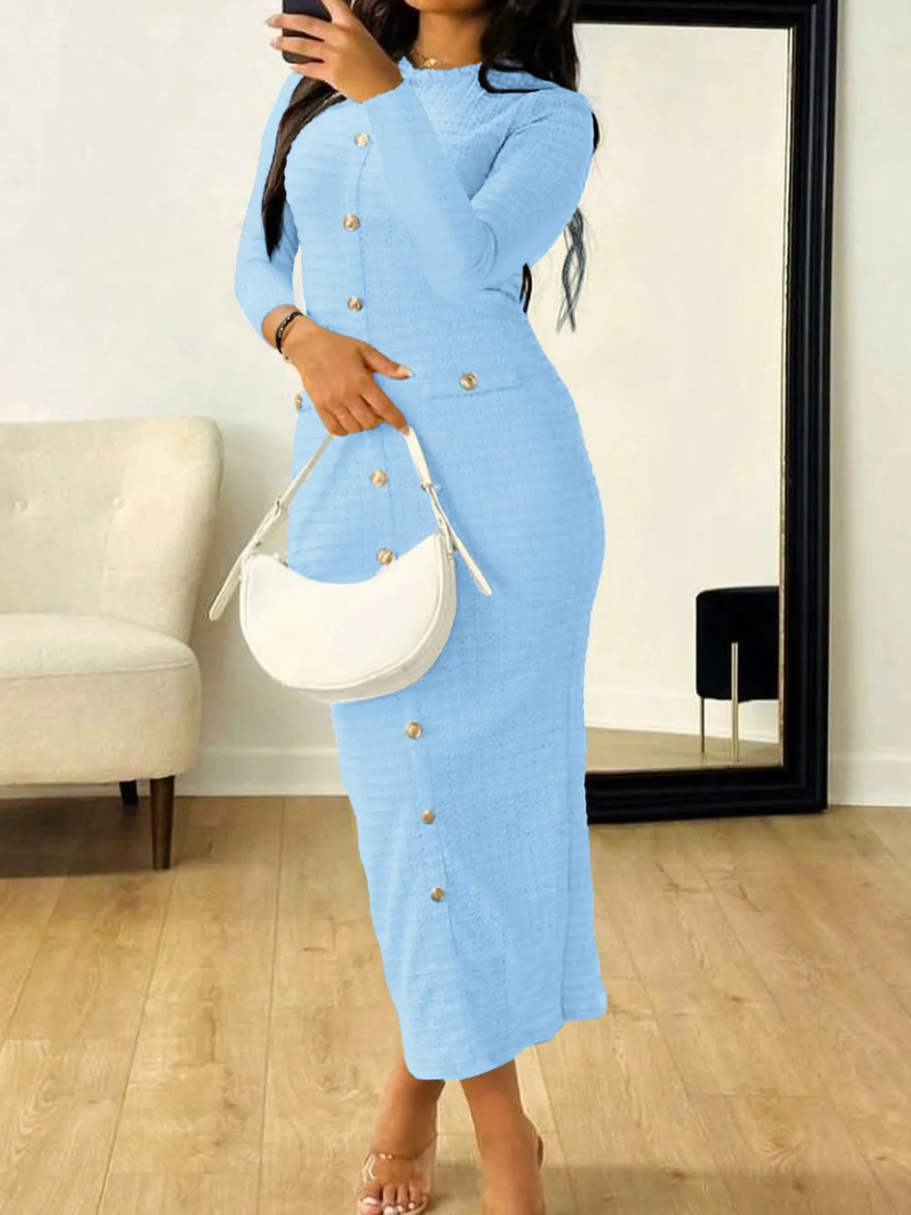 Textured Long Sleeve Midi Dress, image 9