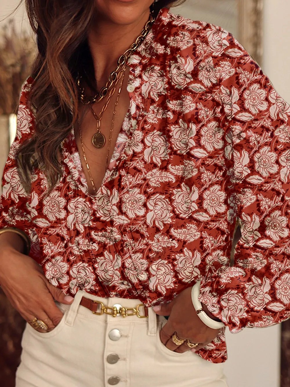 Floral Print Split Neck Pleated Long Sleeve Blouse, image 5