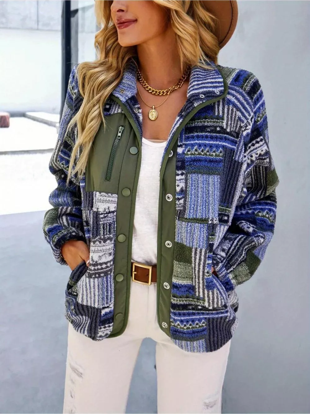 Aztec Print Fleece Snap Down Jacket, image 8