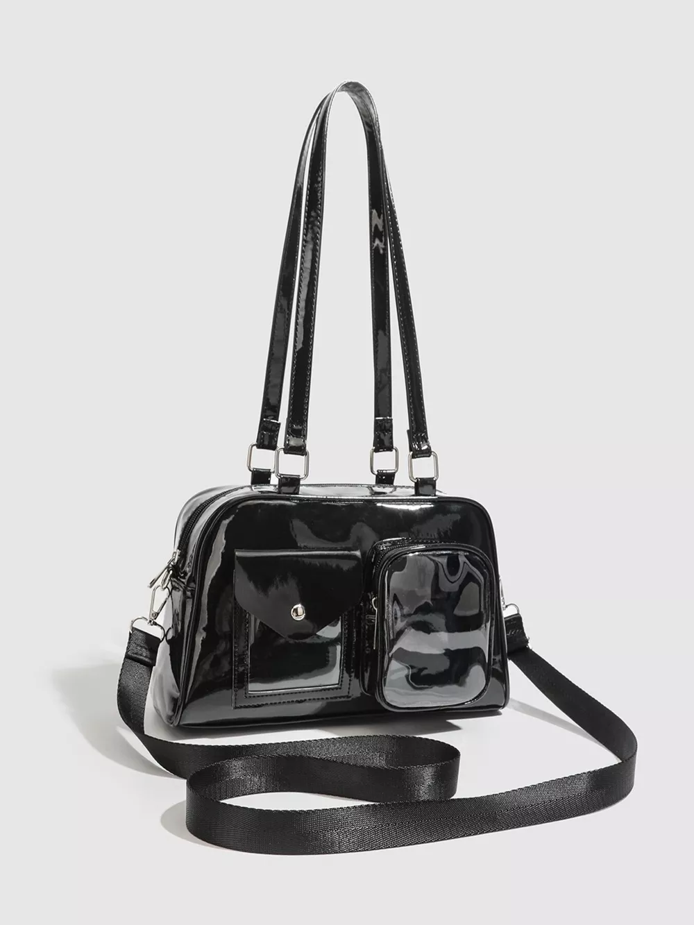 Glossy Patent Leather Multi-Pocket Shoulder Bag, image 3