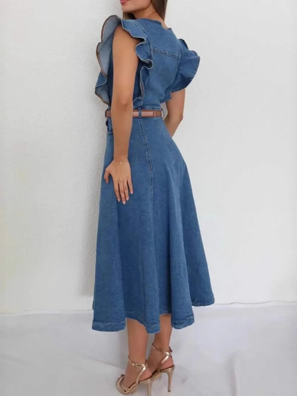 Button-Front Ruffle Sleeve Denim Midi Dress, image 2