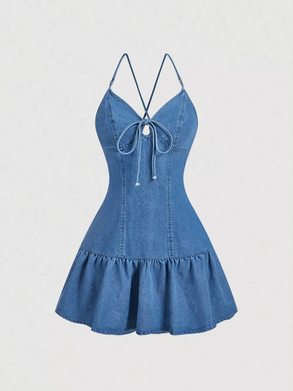 Tie-Front Denim Dress with Ruffled Hem, image 3