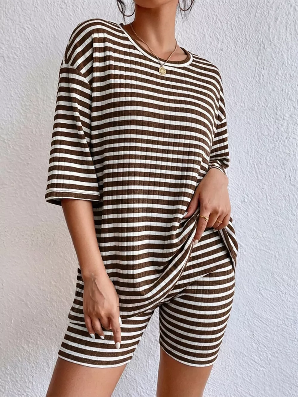 Striped Round Neck Top and Shorts Set, image 18