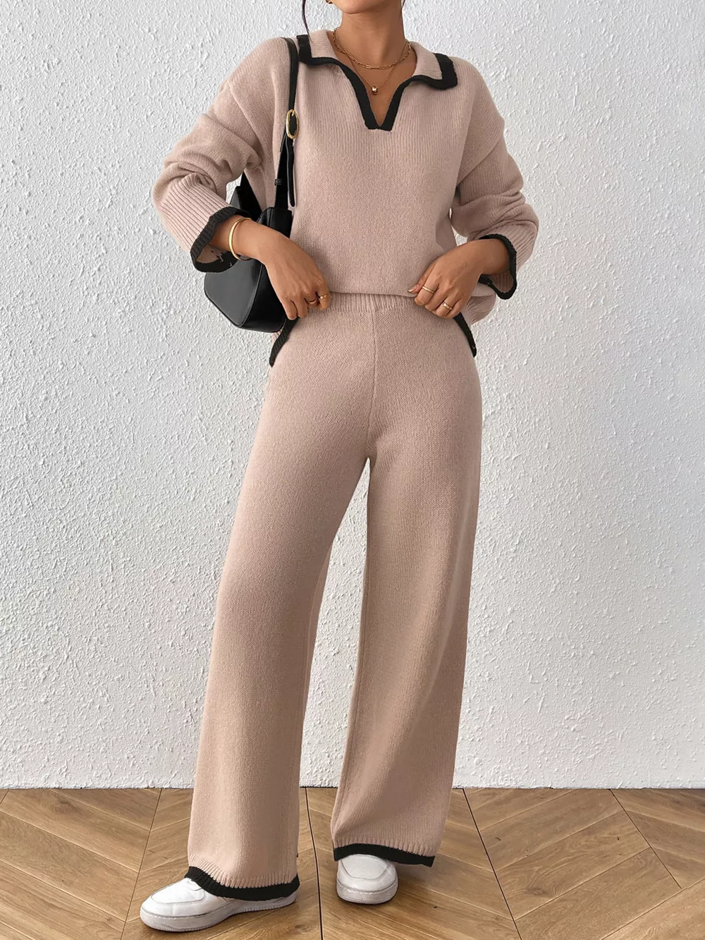 Contrast Trim Polo Collar Top and Pants Sweater Set, image 6