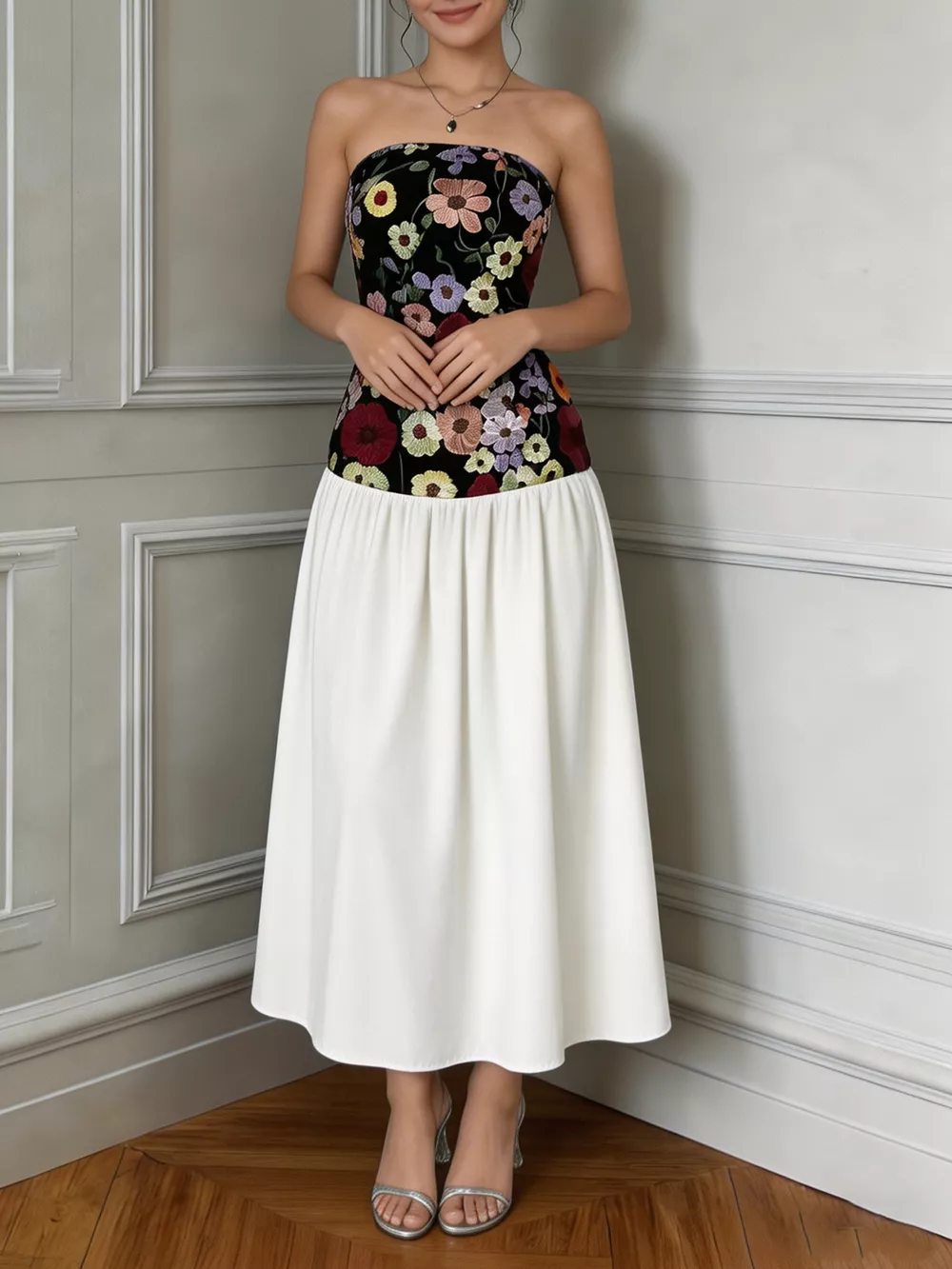 Floral Embroidered Tube Maxi Dress, image 4