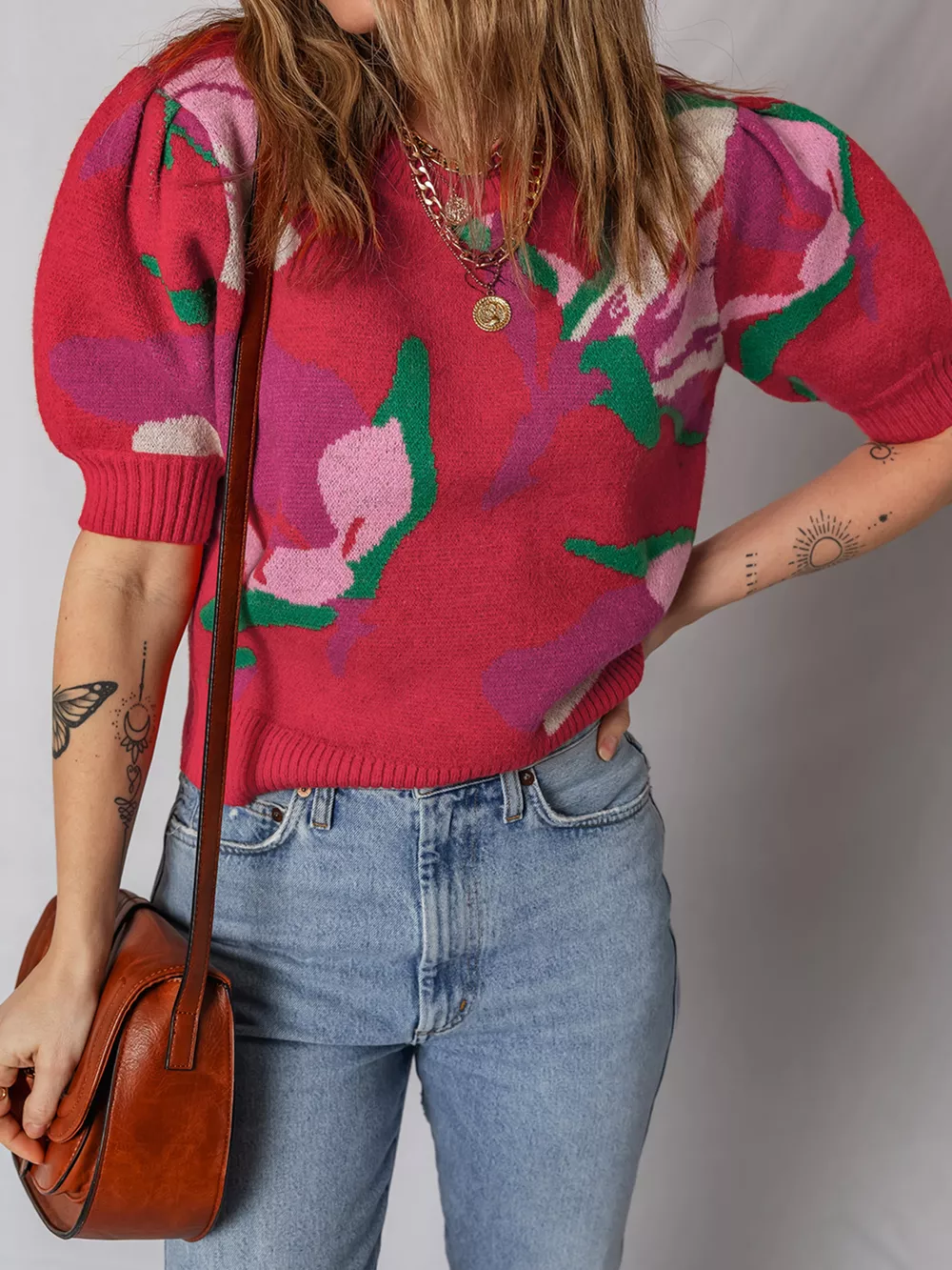 Floral Abstract Print Short Puff Sleeve Sweater, image 2