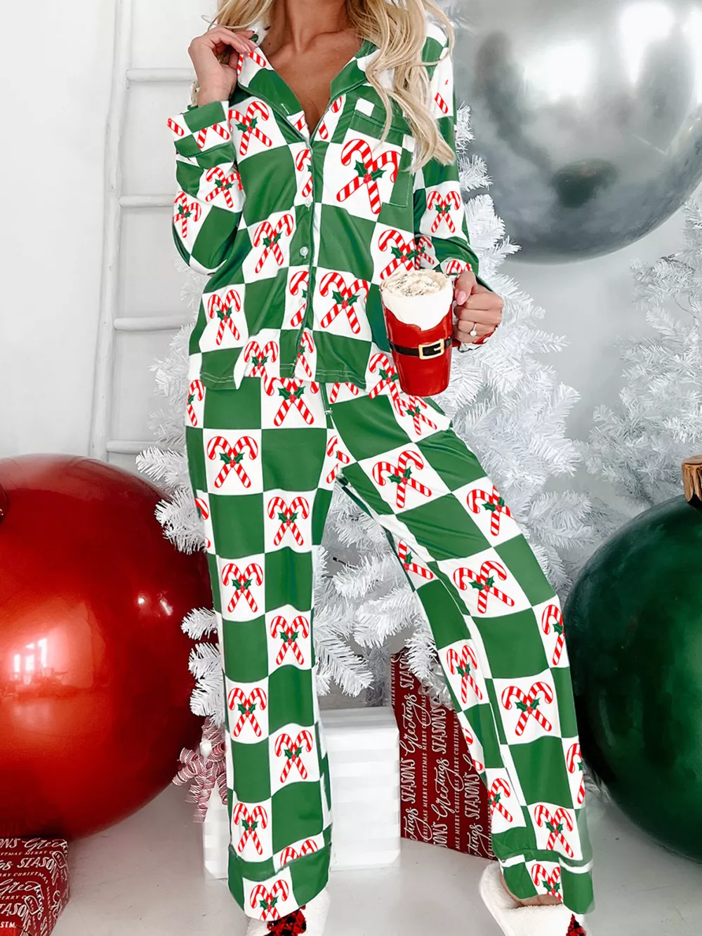 Candy Cane Checkered Pattern 2pcs Pajama Set, image 5