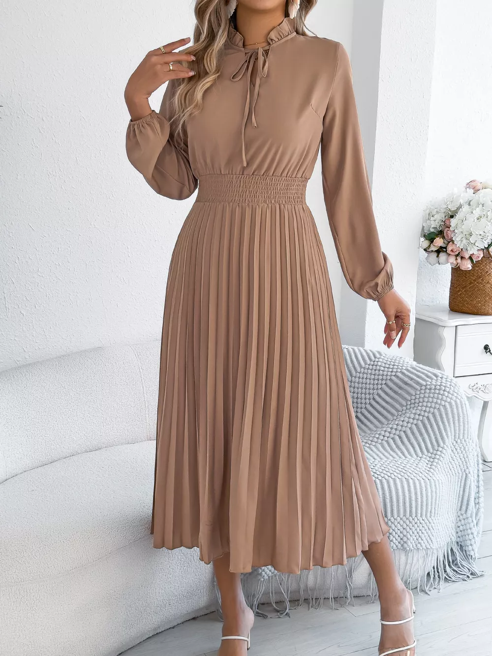 Smocked Pleated Tie Neck Dress, image 8