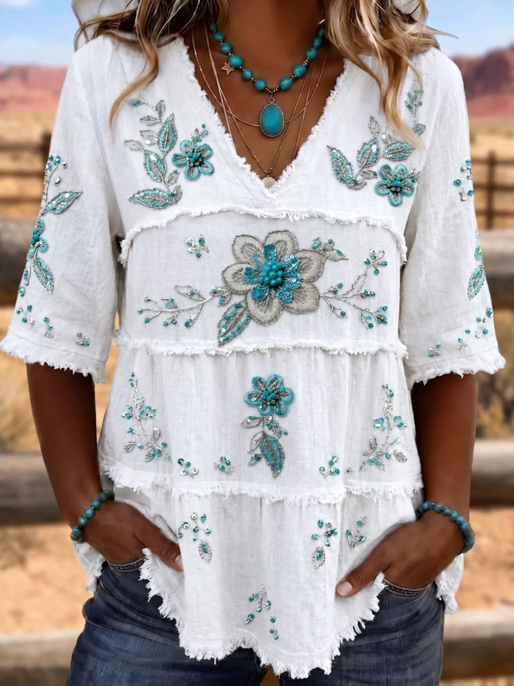 Full Size Floral Raw Hem V-Neck Blouse Plus Size, image 11