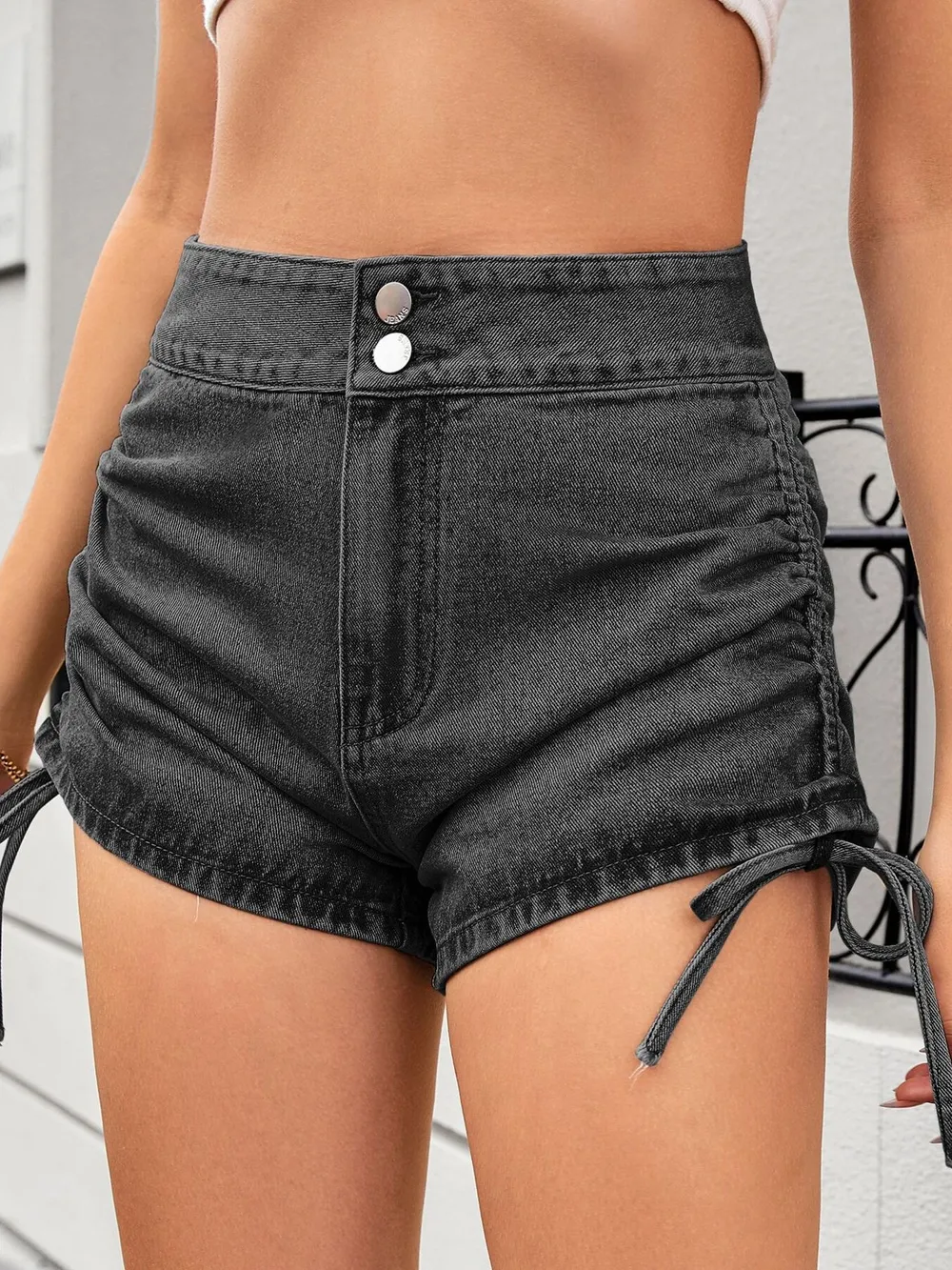 Ruched Side Drawstring Denim Shorts, image 17