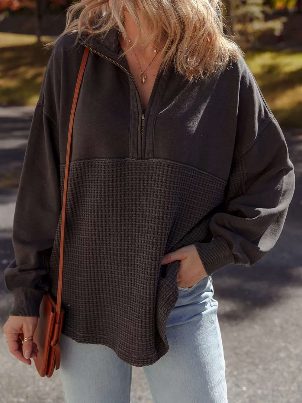 Waffle Knit Patchwork Half Zipped Casual Sweatshirt, image 5
