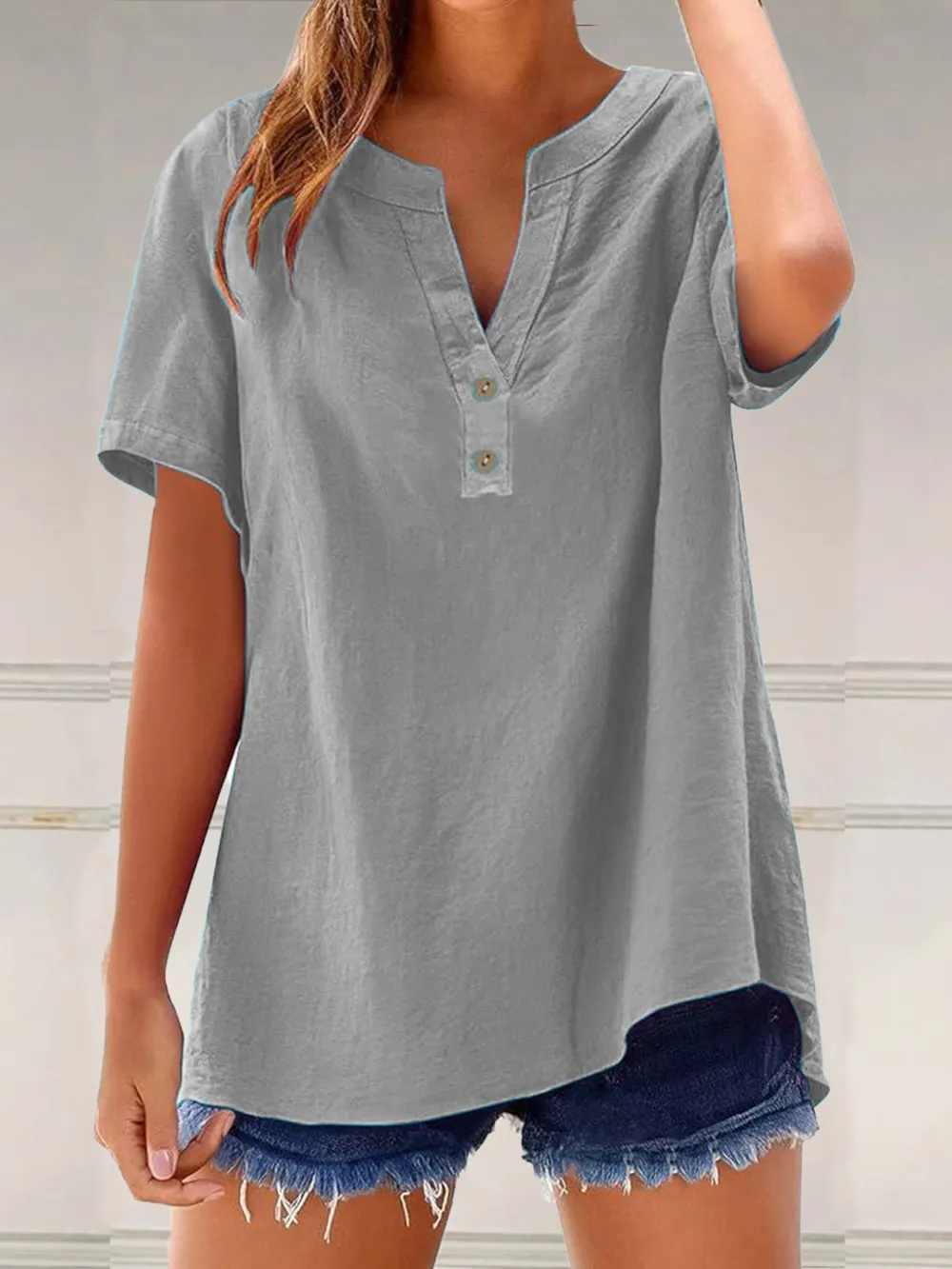 Full Size Notched Short Sleeve Blouse Plus Size, image 16