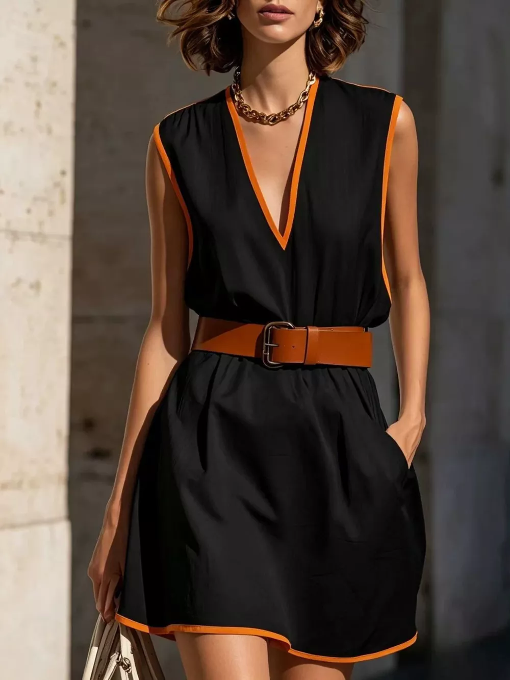 Contrast Trim V-Neck Sleeveless Dress, image 4