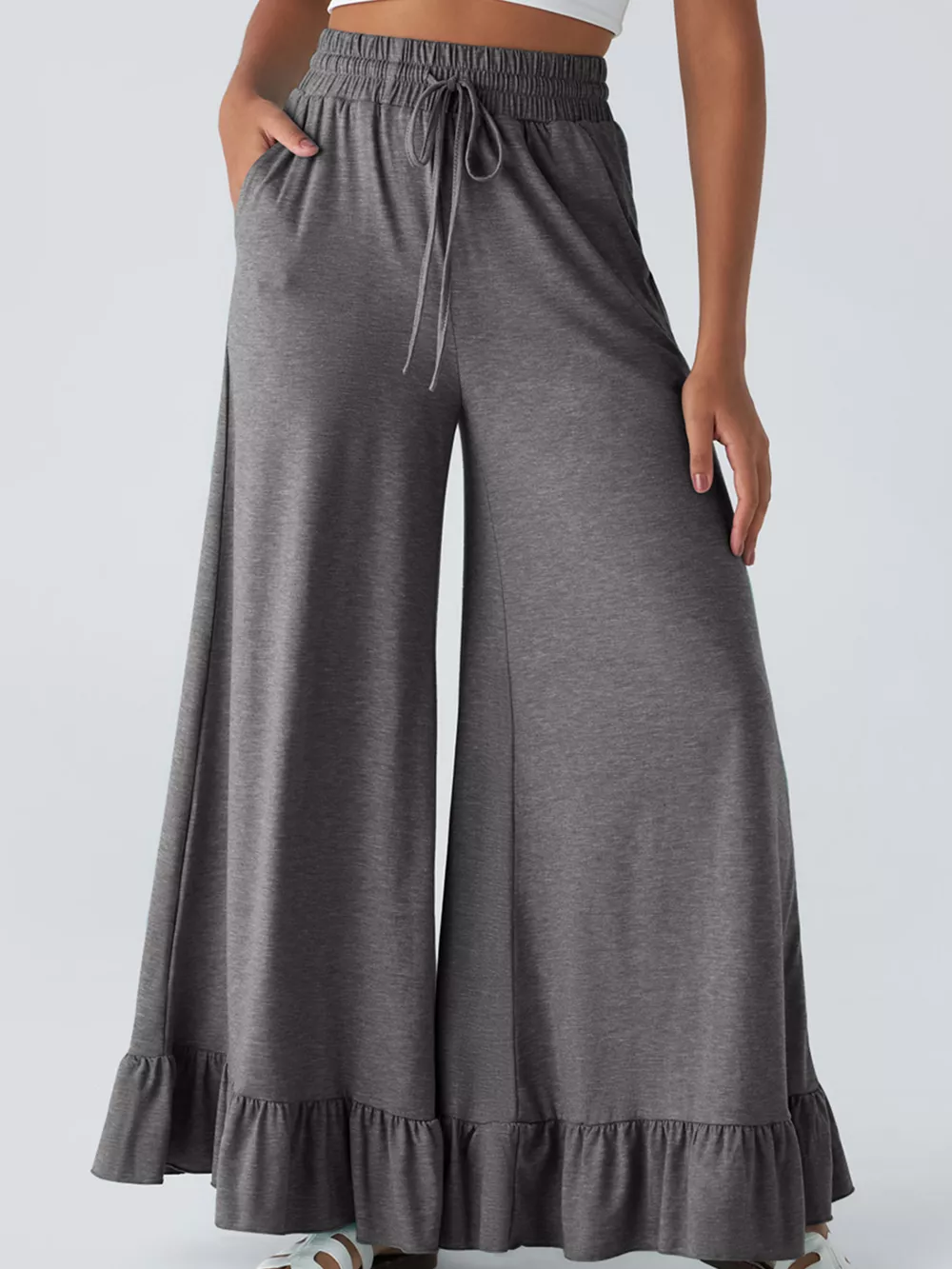 Ruffled Wide Leg Pull On High Waist Pants with Pockets, image 2