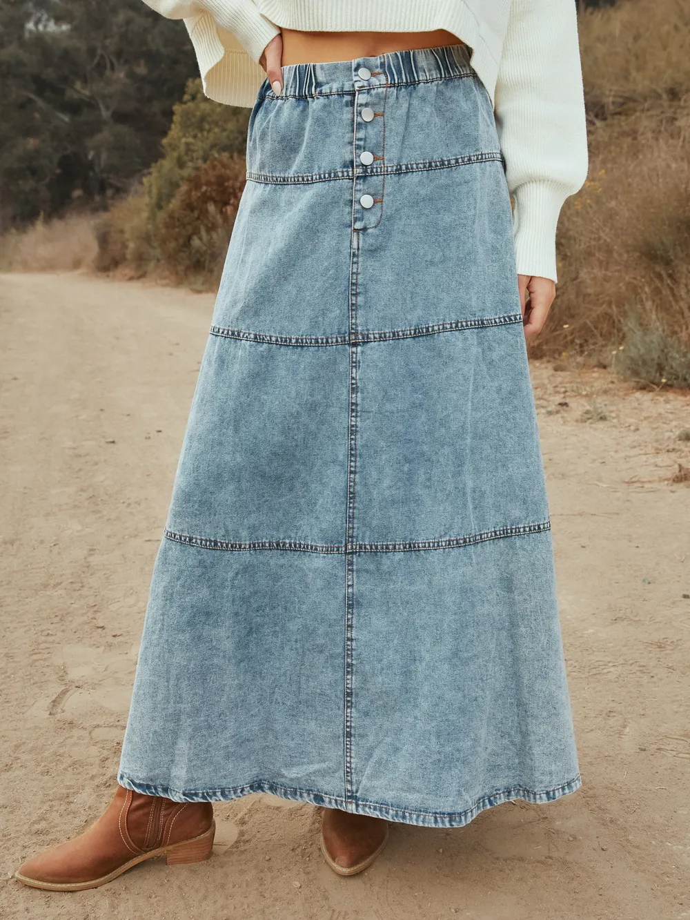 Button-Front Tiered Maxi Denim Skirt