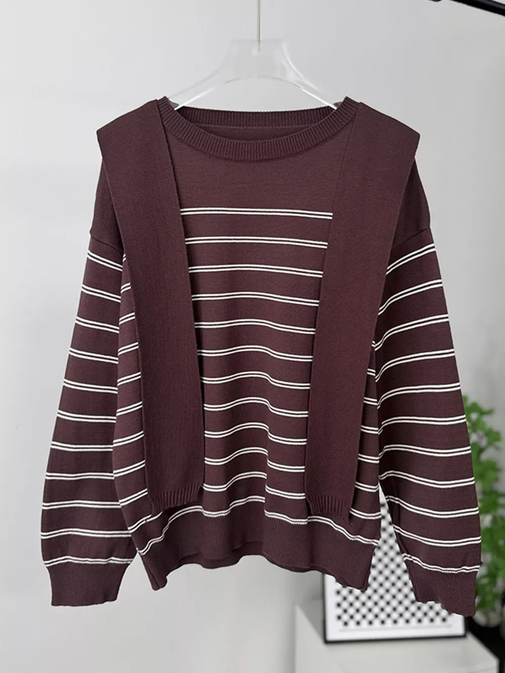 Classic Striped Crewneck Knit Top with Layered Sweater Detail, image 26