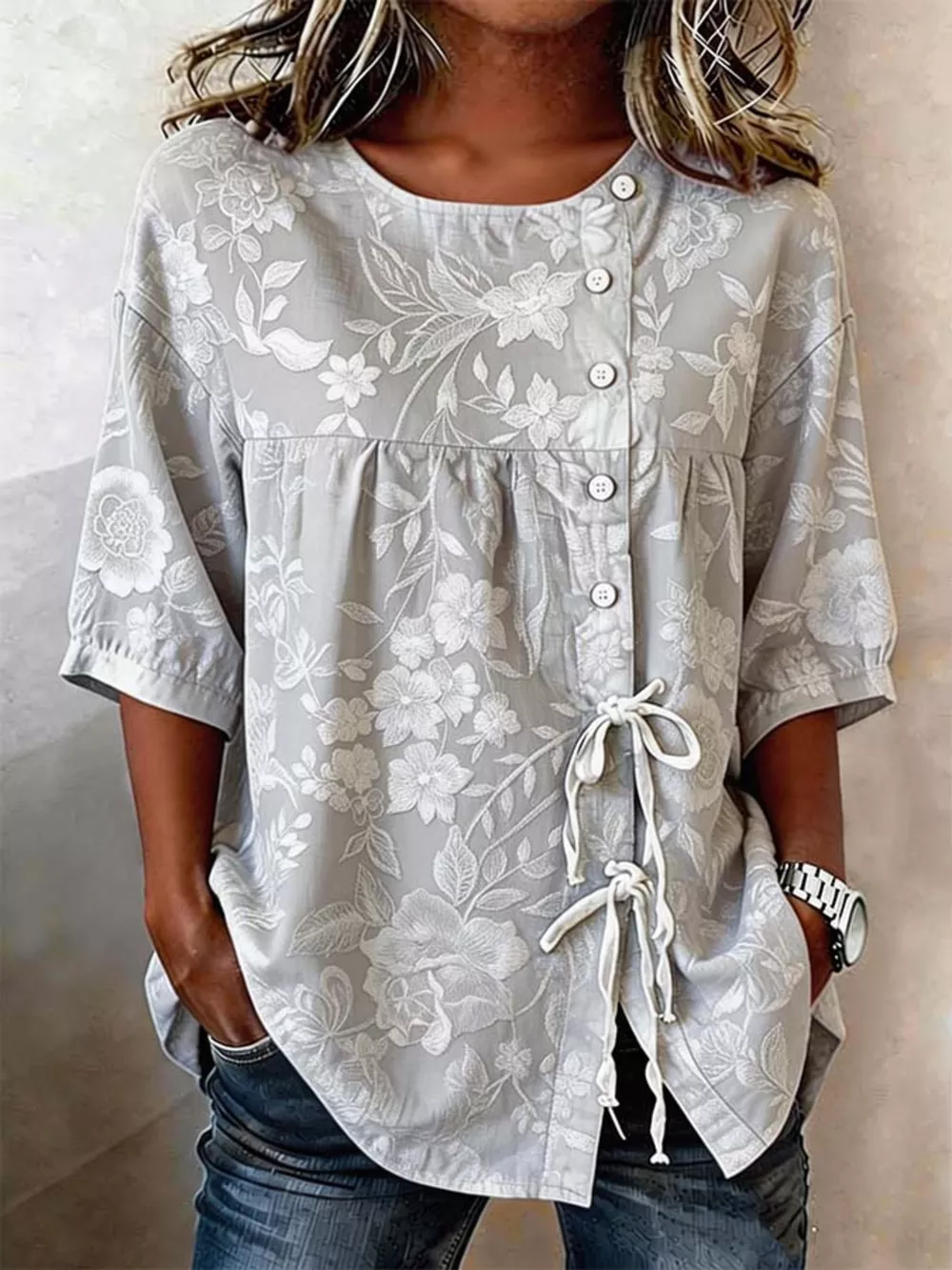 Full Size Embroidered Floral Tie Front Shirt Plus Size, image 13