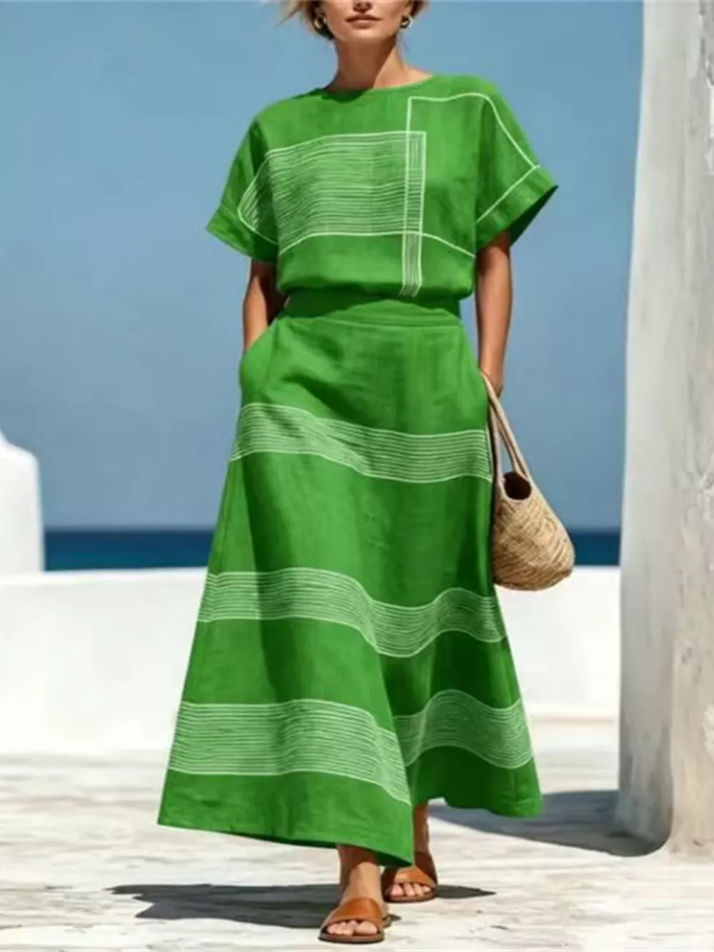 Full Size Striped Round Neck Top and Skirt Set Plus Size, image 5