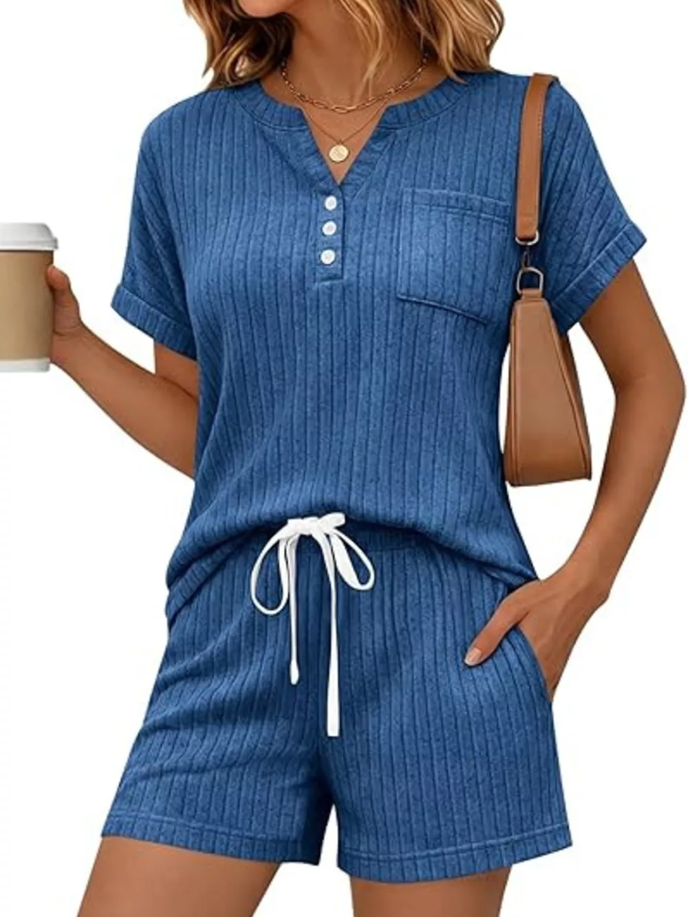 Casual Ribbed Knit Tee and Shorts Set, image 14