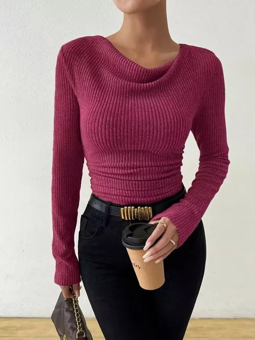 Cowl Neck Ribbed Knit Top, image 9