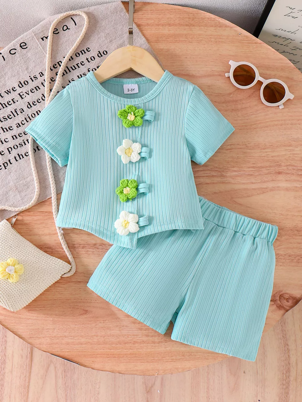 Children's Ribbed Knit Flower Top and Shorts Set, image 2