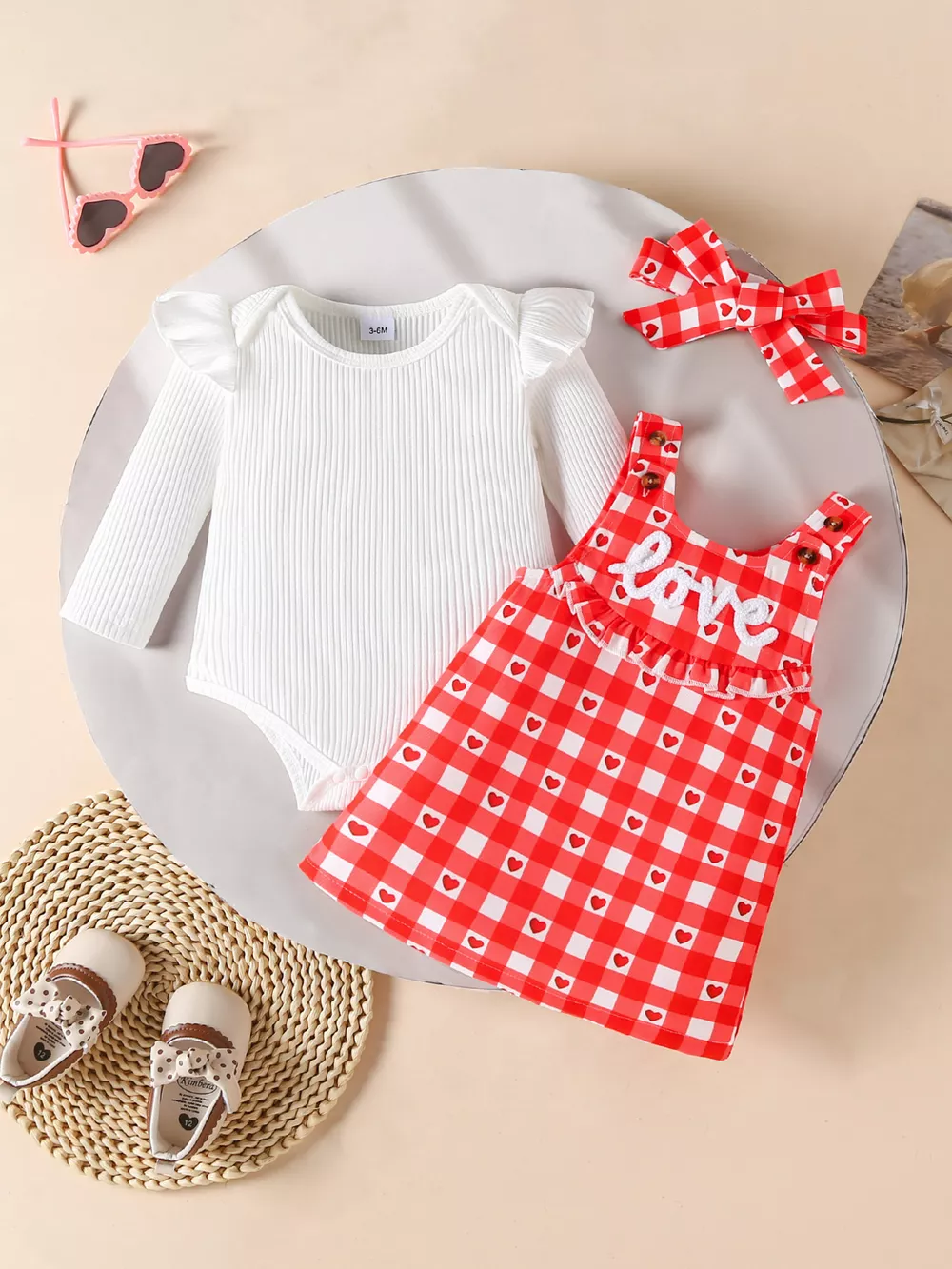 Children's Ruffled Bodysuit and Gingham Dress Set with Headband, image 2