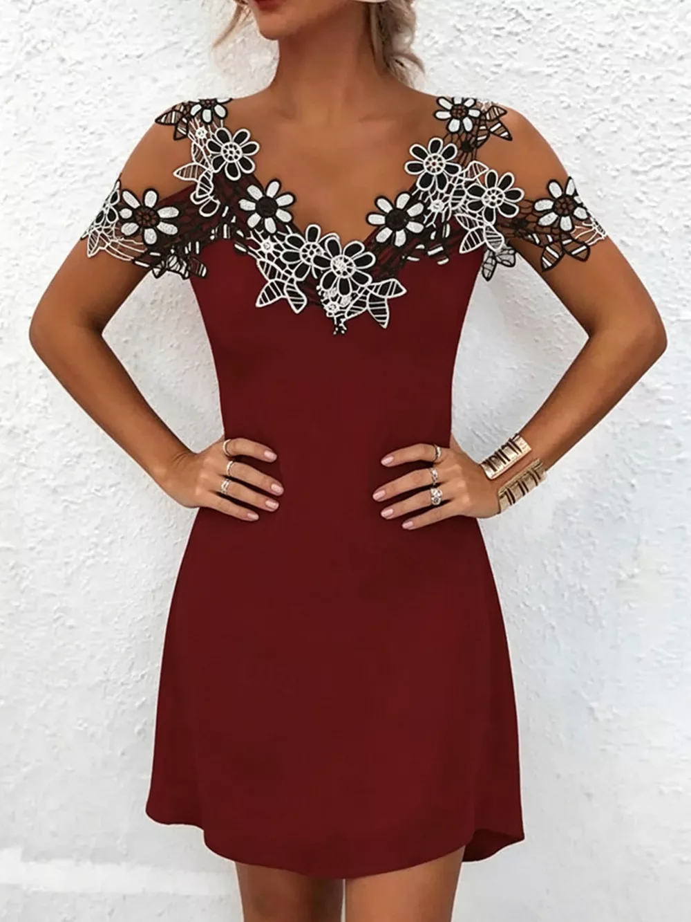 Lace Floral Trim Cold Shoulder Mini Dress, image 10